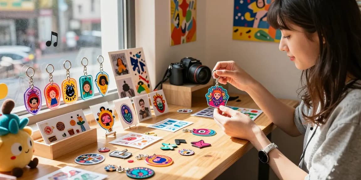 Explore custom keychains with vibrant designs and personalized items in a creative urban setting.