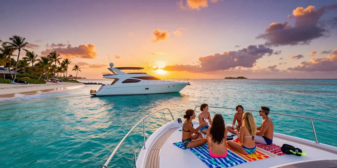 yacht charter punta cana with friends enjoying sunset on luxury yacht in clear waters