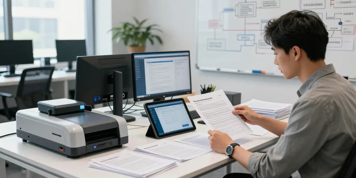 Document fraud detection analyst engaged in evaluating paperwork and technology in an innovative office environment.