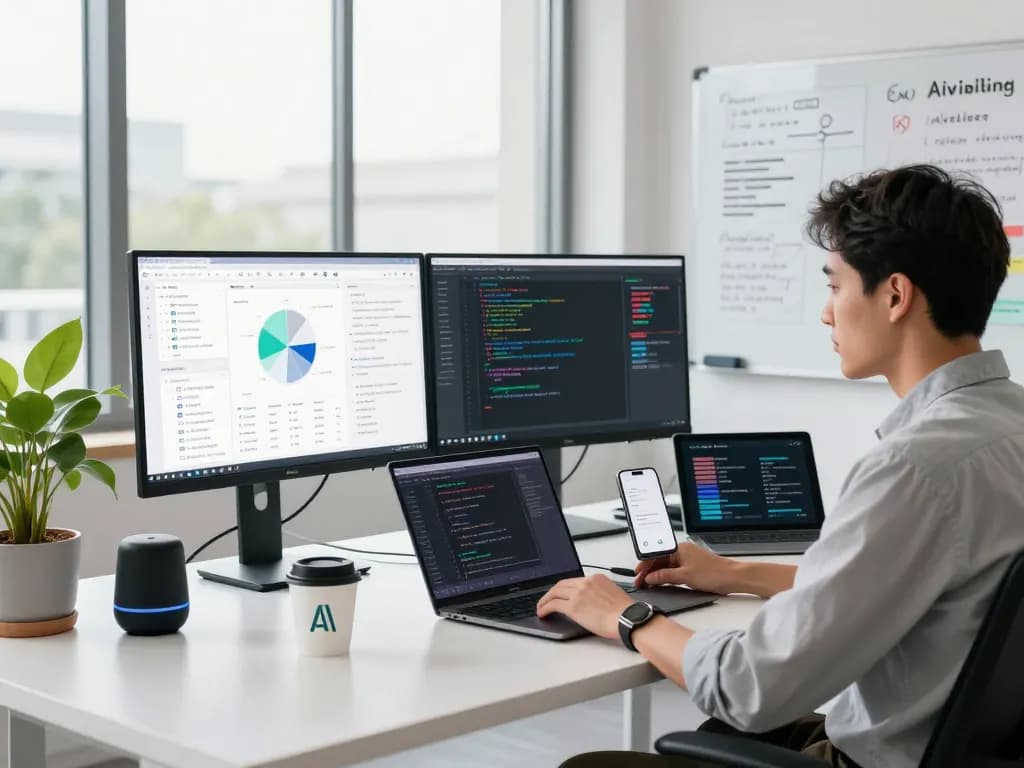 Data analyst using AI visibility monitoring tools in a modern workspace, showcasing technology integration.