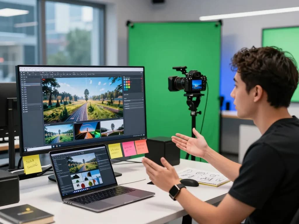 Dynamic tech workspace with a creator showcasing kling 2.7 video generation on a monitor, vibrant atmosphere.