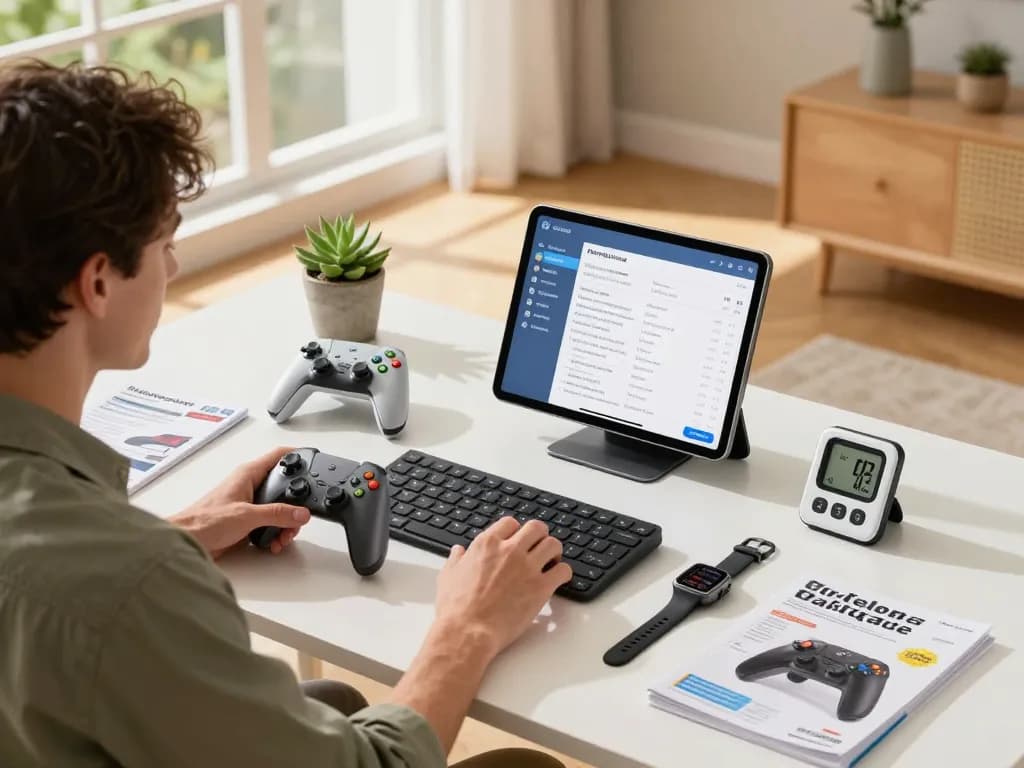 Exploring affordable tech gadgets in a modern workspace with Bluetooth devices and a tablet.