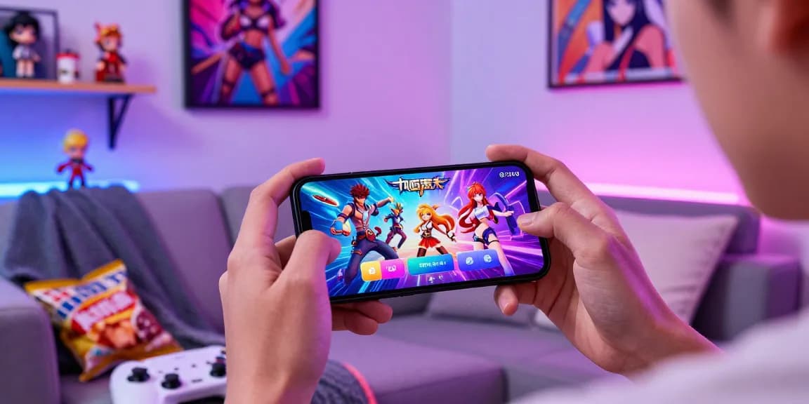 Player enjoying mobile hentai games on smartphone amidst themed decor and collectibles.
