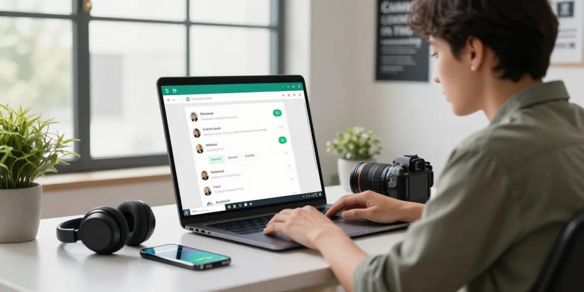 Professional workspace showcasing WhatsApp電腦版 on a laptop, emphasizing modern communication.