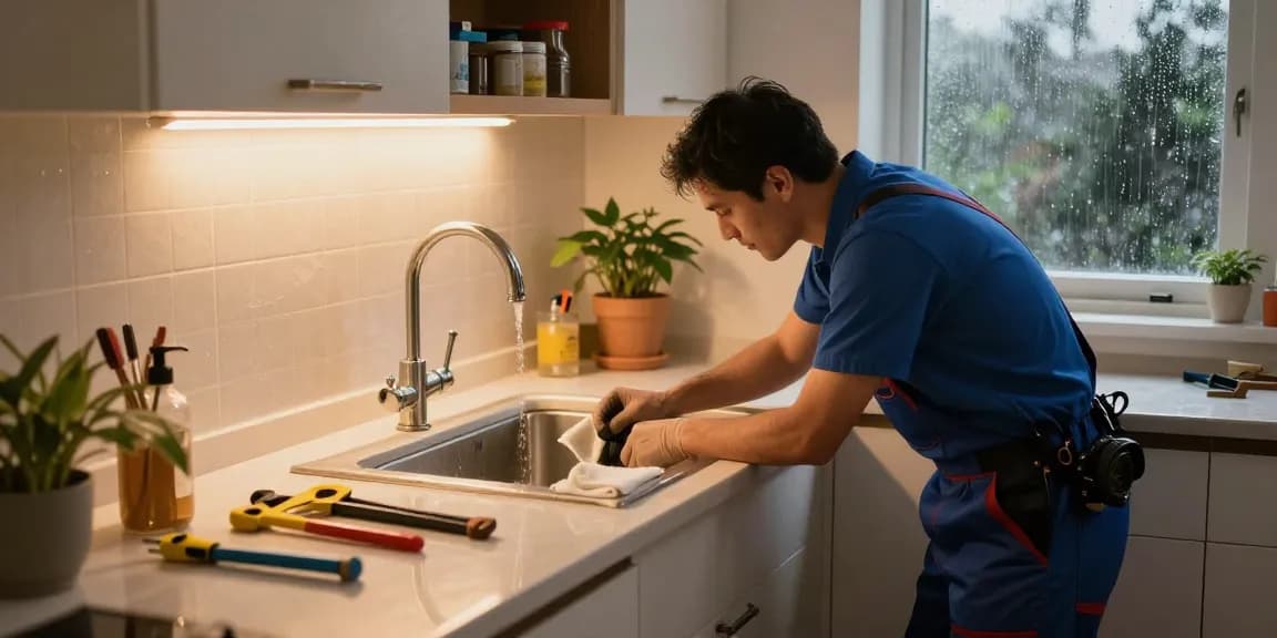 Emergency plumber San Diego repairing a leaky sink in a cozy kitchen during rain.