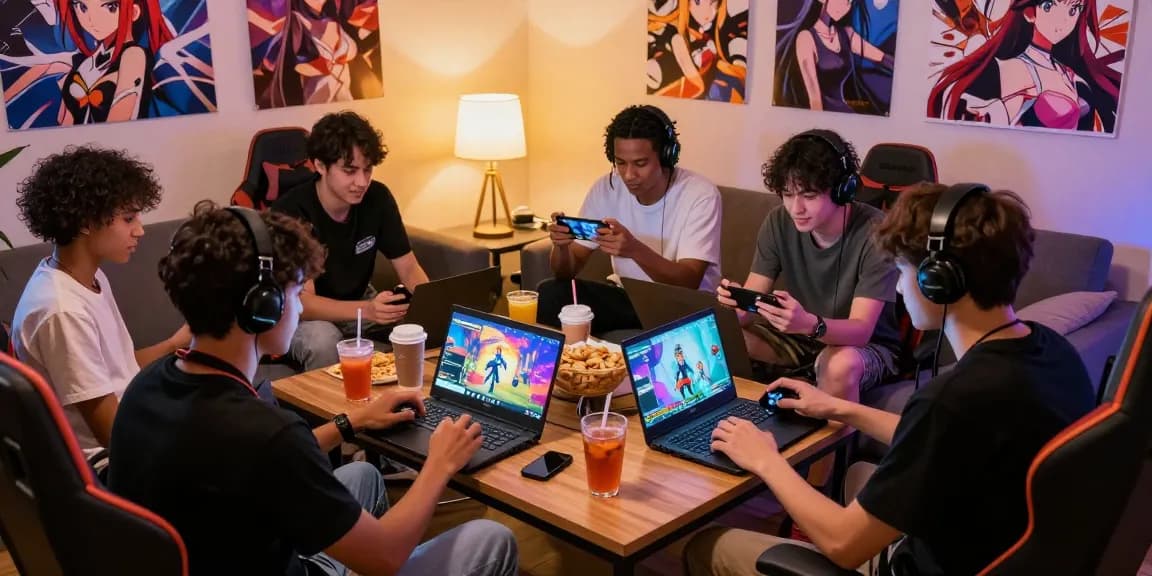Friends engaged in playing hentai games together in a cozy living room, showcasing vibrant gaming graphics and snacks around.
