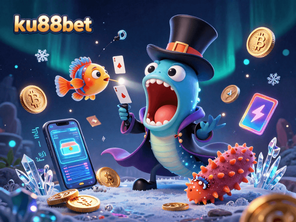 Engage in thrilling casino magic with ku88bet's vibrant 3D illustration showcasing crypto elements.