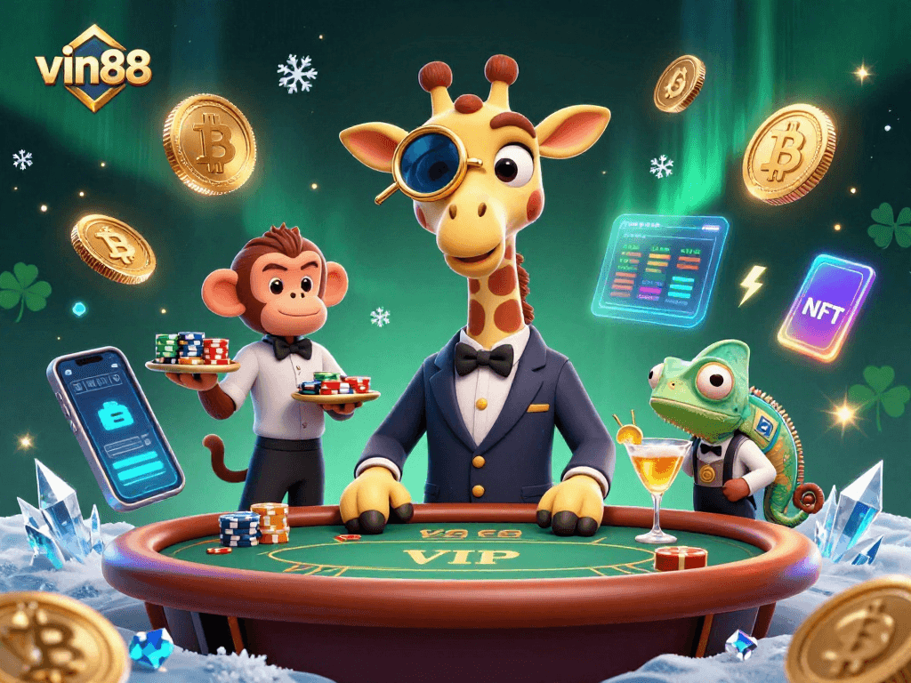 Engage with vin88's high-stakes casino scene featuring a giraffe, monkey, and chameleon amidst crypto coins.