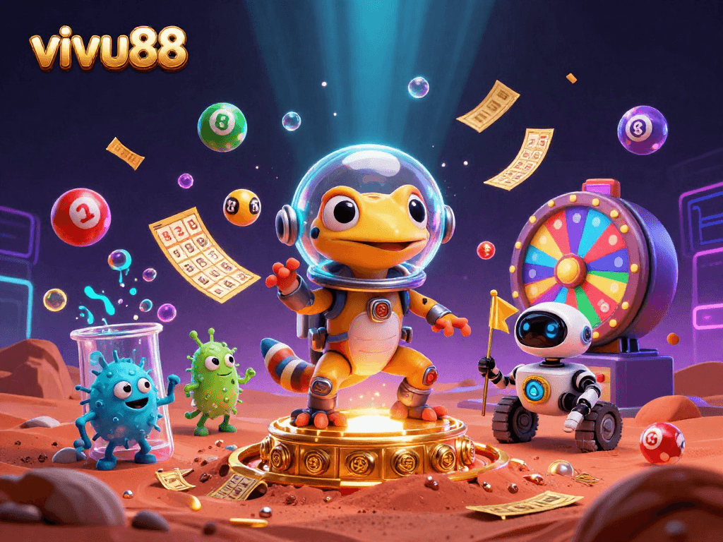 Experience the thrilling world of vivu88 with a Martian gecko discovering a golden casino in vibrant 3D.