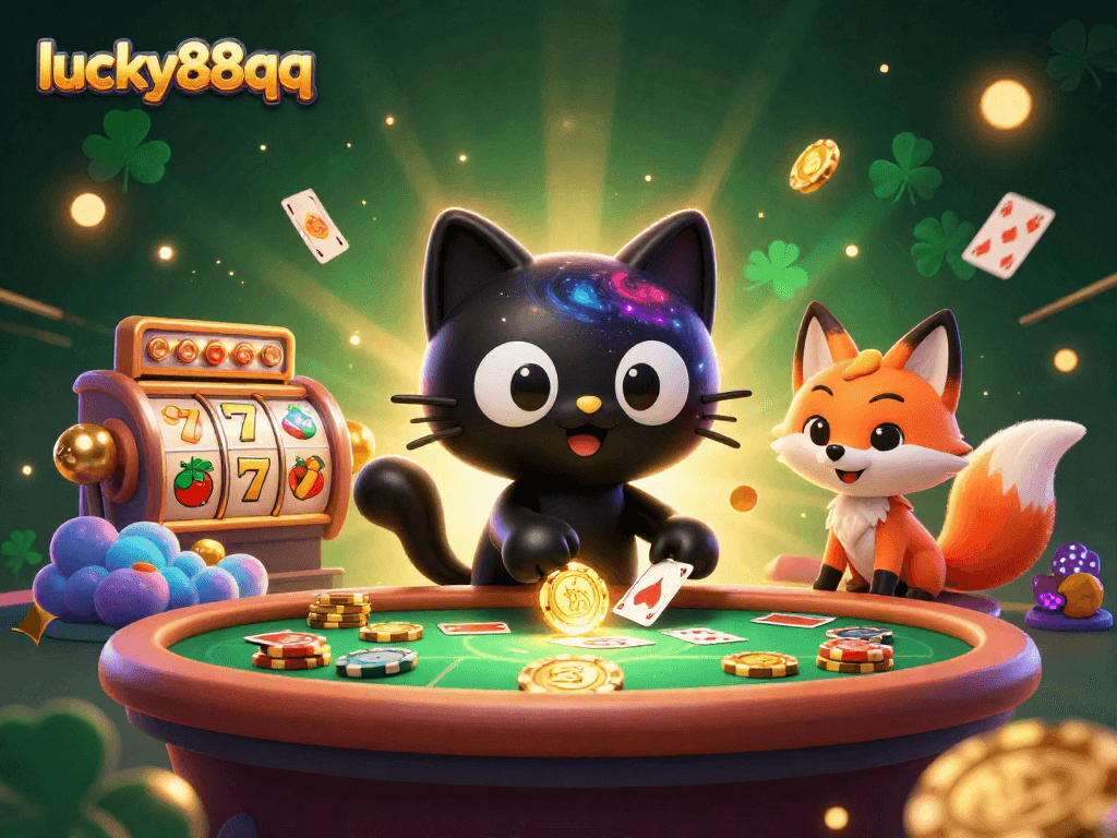 Engage with lucky88qq in a vibrant cosmic casino featuring a playful black hole cat and colorful gaming elements.