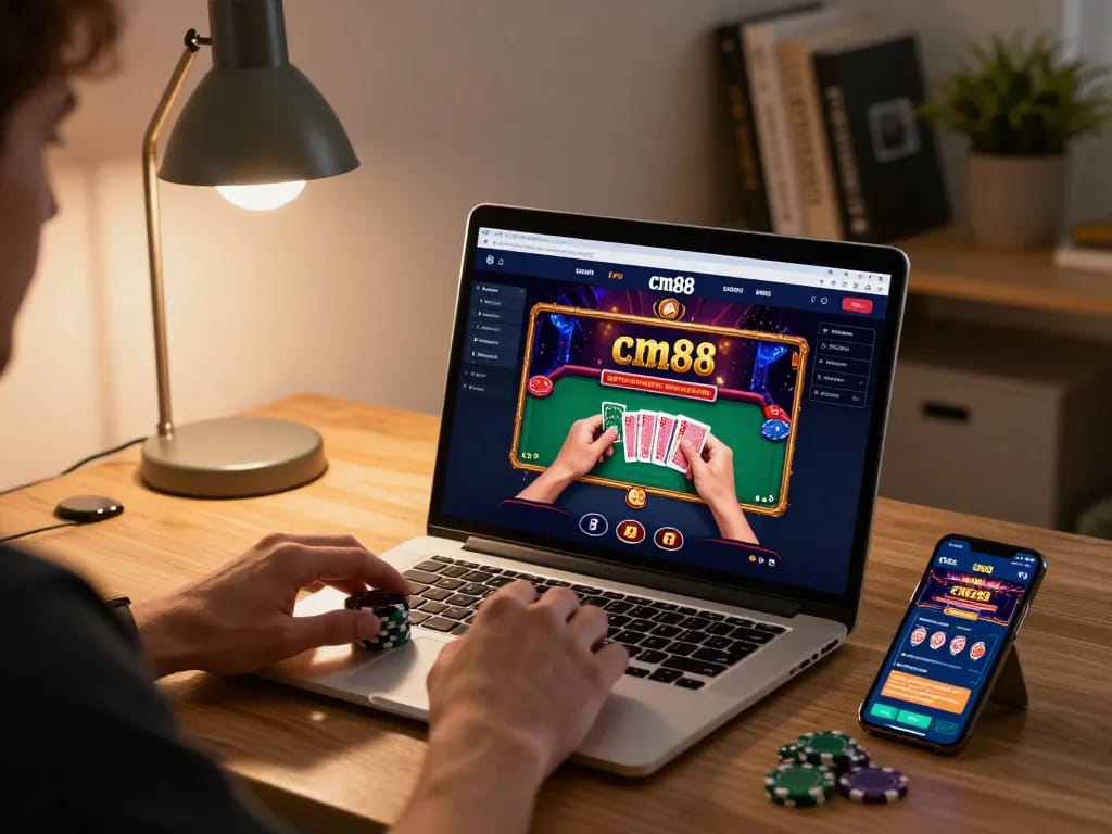 Engaging with cm88 online casino from a cozy home setup while managing strategy and gameplay.