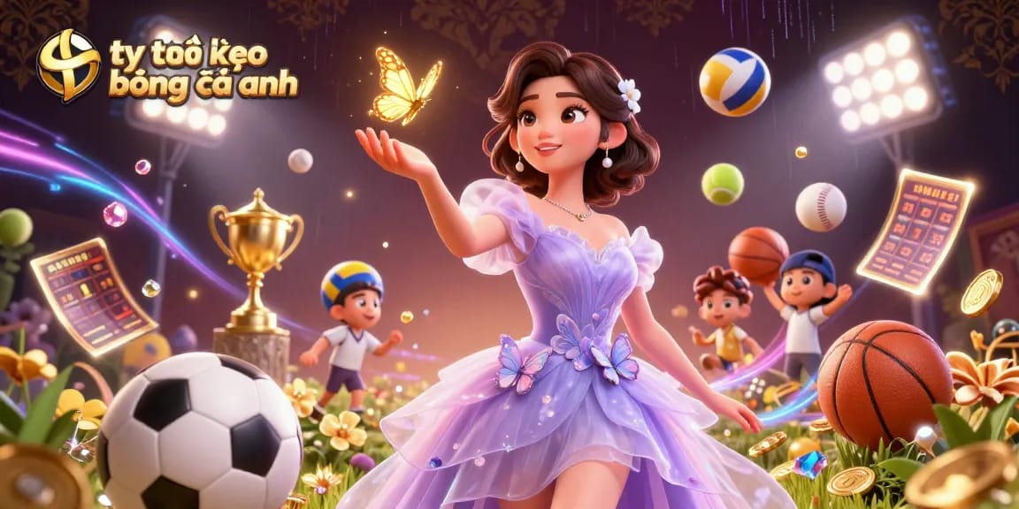 Tỷ lệ kèo bóng đá anh showcasing a stunning Asian woman amidst 3D sports elements, capturing the excitement of betting.
