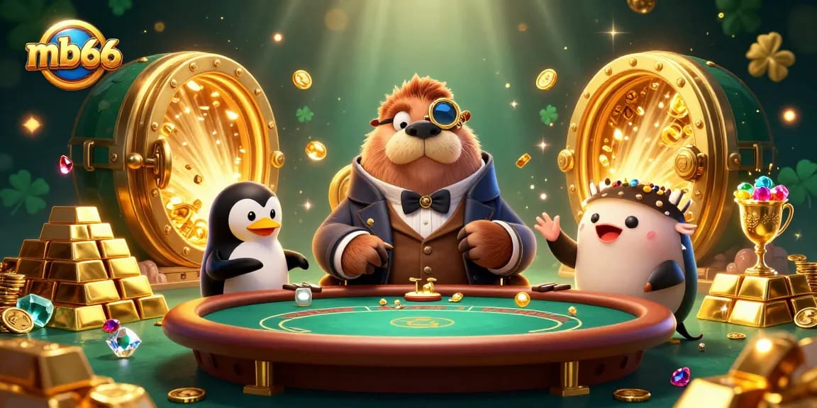 Join the exciting action at mb66 with a walrus poker player and a sophisticated dealer in vibrant underwater casino.