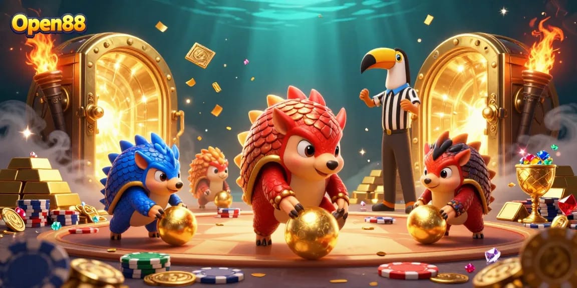 Experience the excitement of Open88 as rival pangolins roll through poker chips in a vibrant casino scene.
