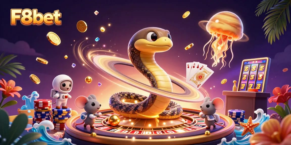 Place bets and win big with F8bet at a cosmic casino with unique game elements and vibrant colors.