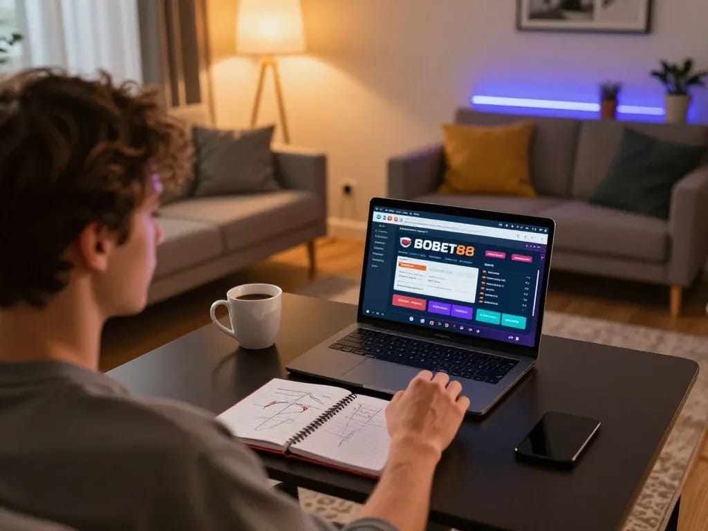 Pengaturan permainan online SBOBET88 dengan pemain yang terlibat dalam taruhan strategis di rumah.