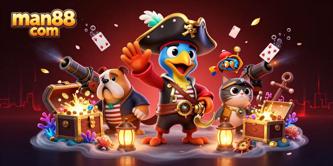 Experience thrilling wins at man88 com with a vibrant 3D pirate-themed casino illustration.