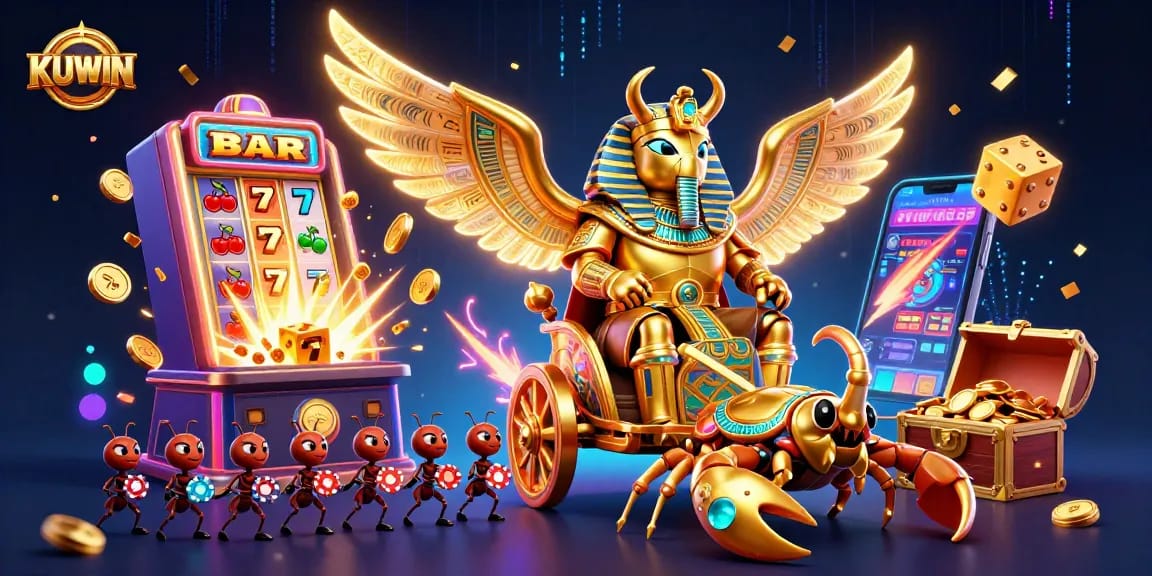 KUWIN reveals a vibrant casino scene with a golden scarab beetle amidst jackpot chaos and excitement.