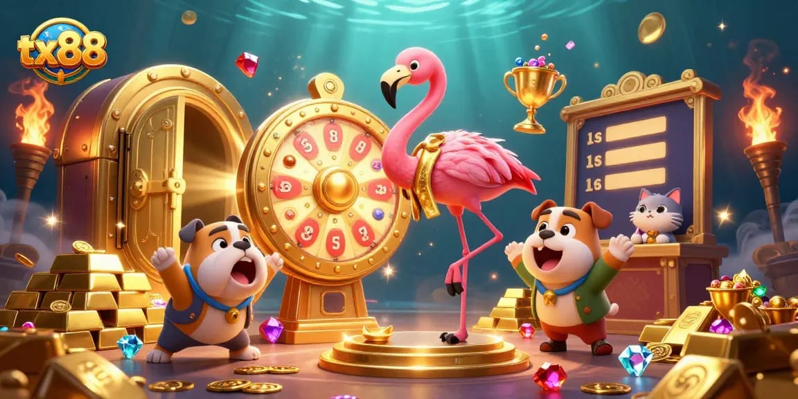 Experience thrilling winnings with tx88, featuring a vibrant game show scene filled with gold and excitement.