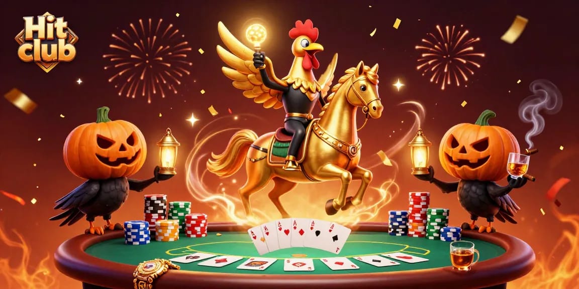 Experience the excitement of Hit club with a golden rooster and vibrant casino elements in this dynamic illustration.