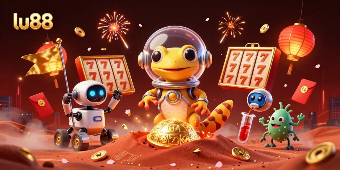 lu88 introduces a playful Martian gecko uncovering a vibrant casino, embodying playful gambling adventures.