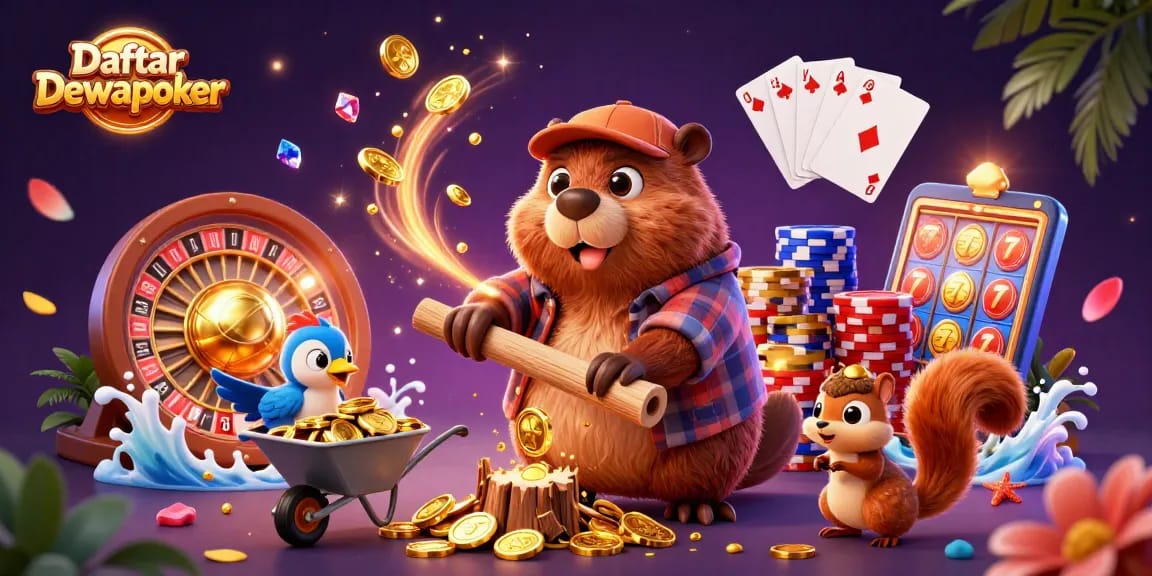 Experience the gambling thrill with Daftar Dewapoker featuring vibrant scenes of playful characters amid stunning casino elements.