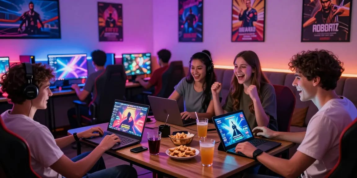 Group enjoying free porn games on laptops and tablets in a cozy gaming lounge.