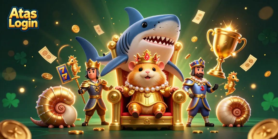 Engage with Atas Login to secure your account, featuring a fierce hamster king amidst vibrant casino elements.