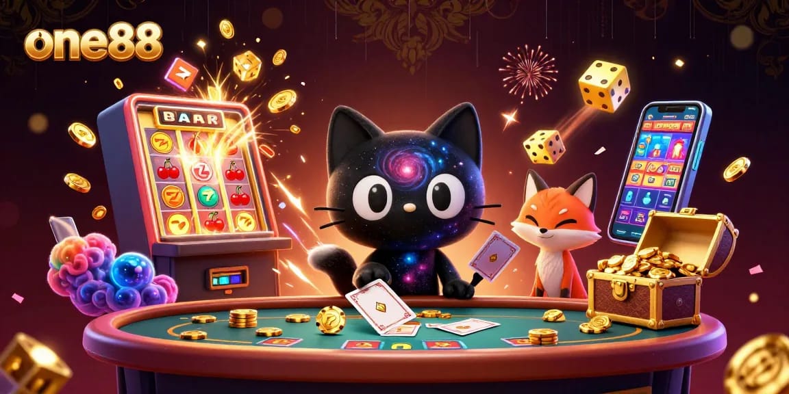 Experience thrilling gameplay at one88 with a cosmic casino scene featuring a black hole cat and stellar visuals.