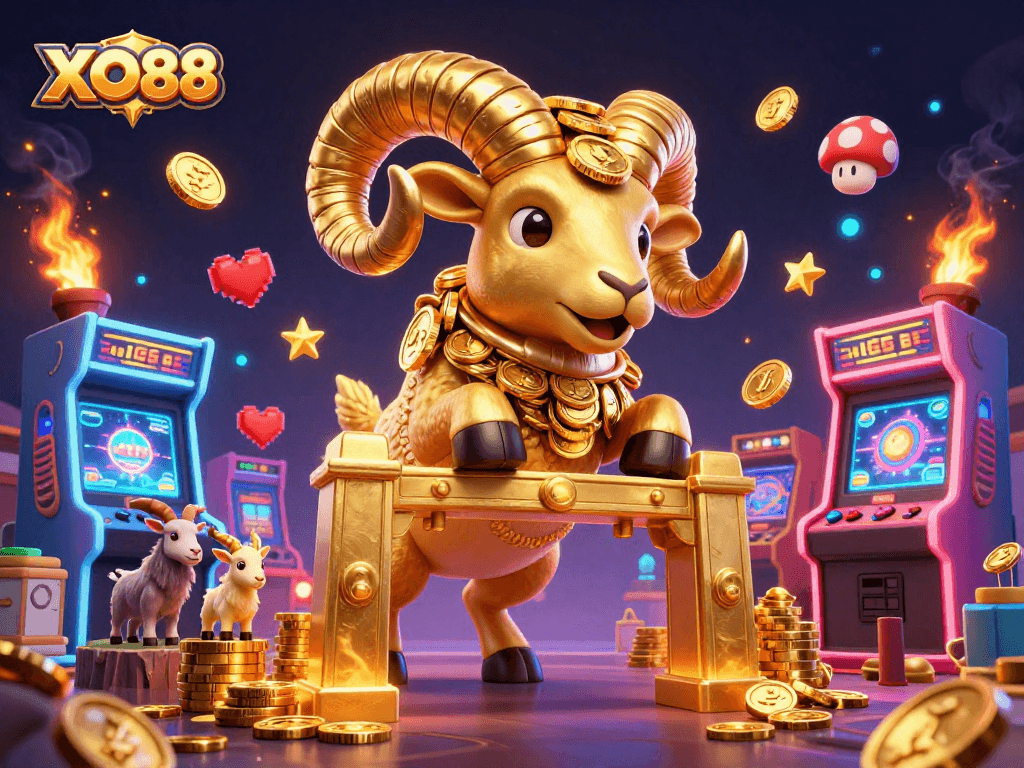 Experience the excitement of XO88, featuring vibrant gaming elements and a golden ram charging to win!