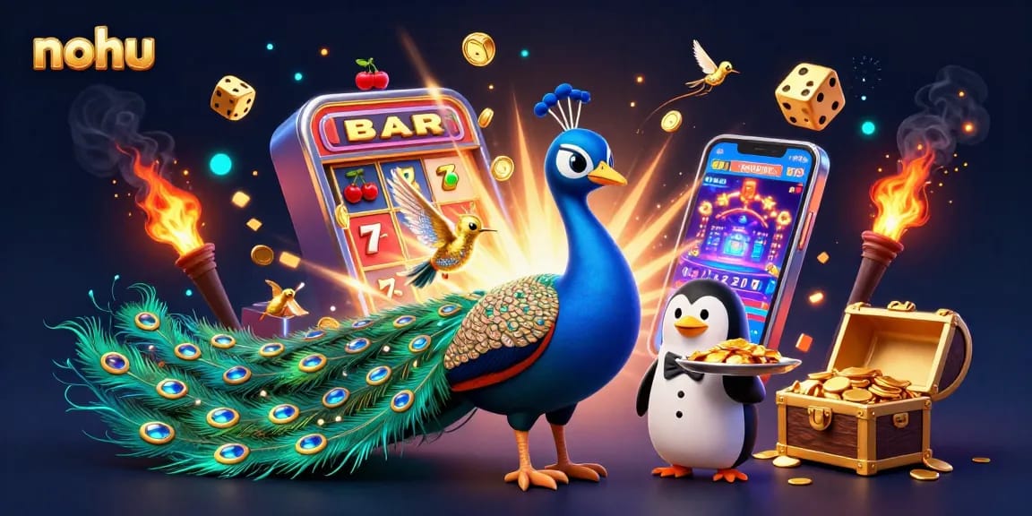 Nohu's dynamic 3D casino illustration showcasing a peacock, a butler, and a hummingbird amidst vibrant slot game elements.