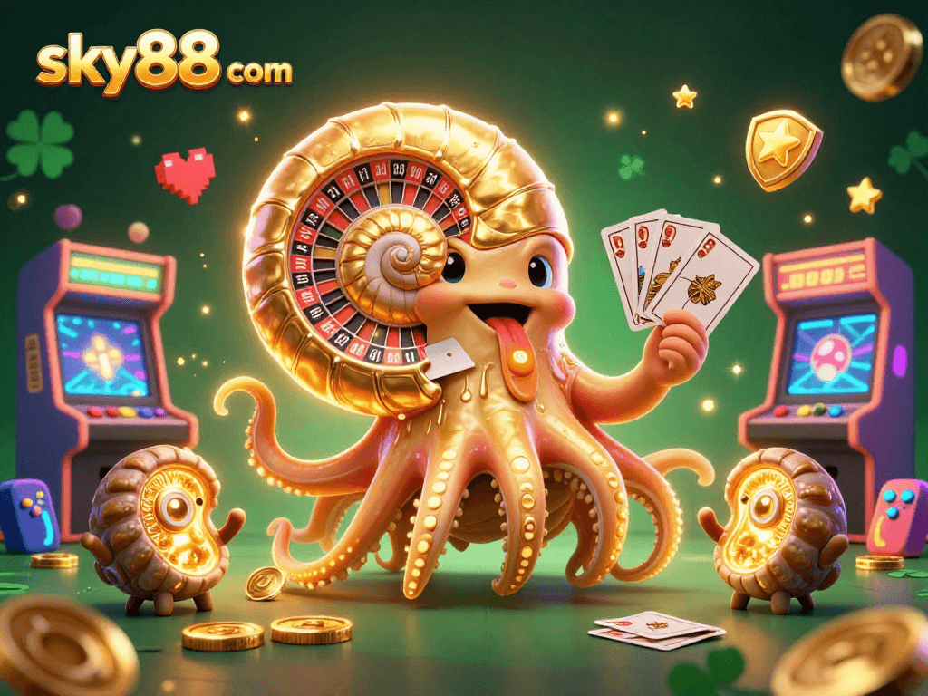 Join thrilling games at sky88 com, featuring an ancient nautilus, vibrant arcade elements, and a rich casino atmosphere.