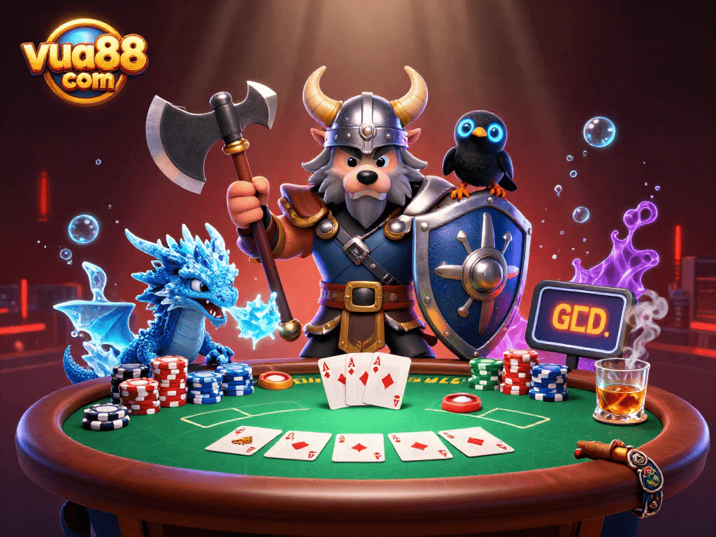 Experience epic adventures at vua88 com with a Viking wolf, ice-breathing dragon, and poker atmosphere.