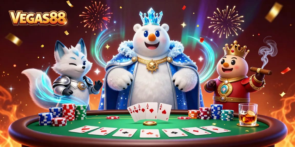 Experience the thrill of VEGAS88 with the ice king polar bear in a vibrant casino scene.
