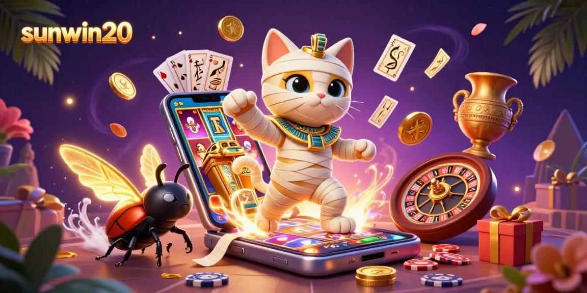 Experience the excitement of slots with sunwin20, featuring a 3D Egyptian mummy cat and casino elements.