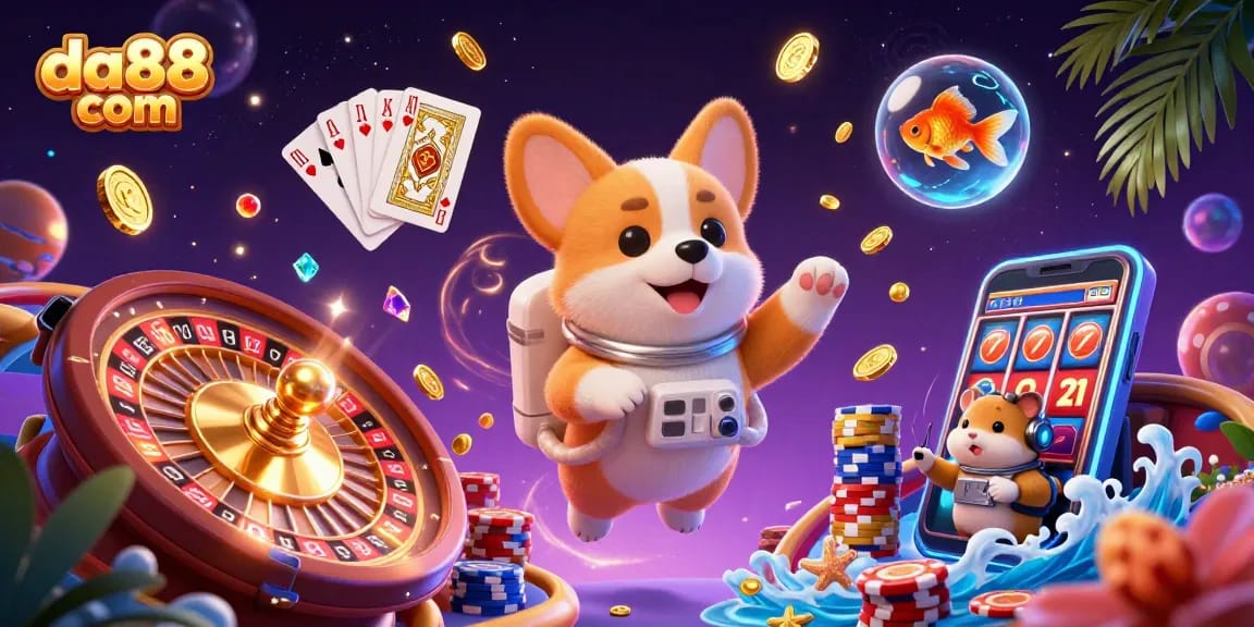 Experience exciting gameplay at da88 com with a floating poker-filled space adventure illustration featuring colorful characters.