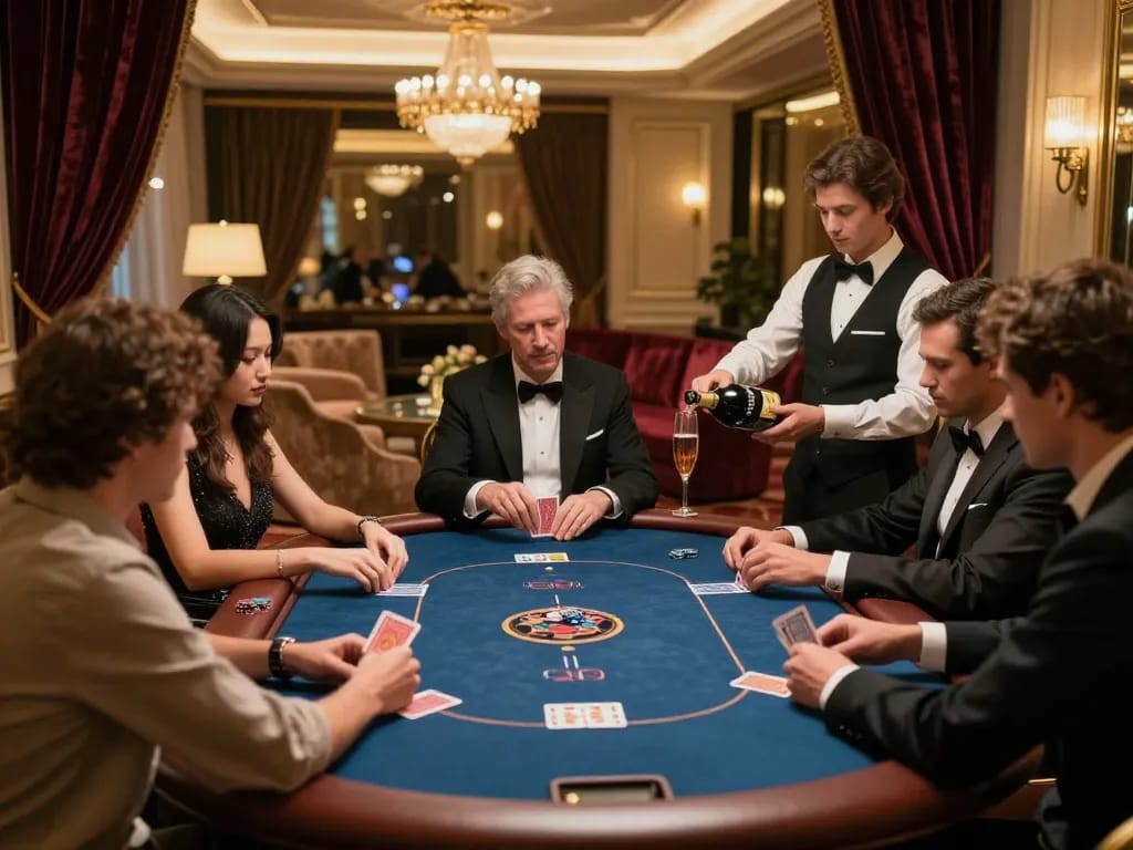 Players engage in high-stakes poker at an upscale casino, embodying the sc88seo spirit of elite gaming.