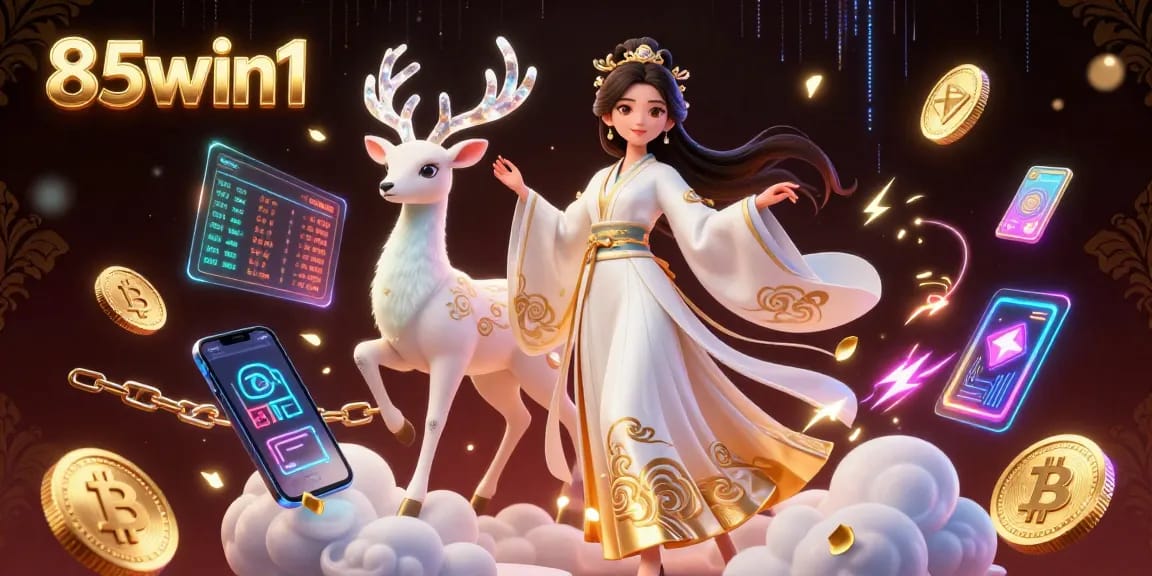 Engage with the dynamic illustration promoting 85win1 featuring cryptocurrencies and rich casino elements.