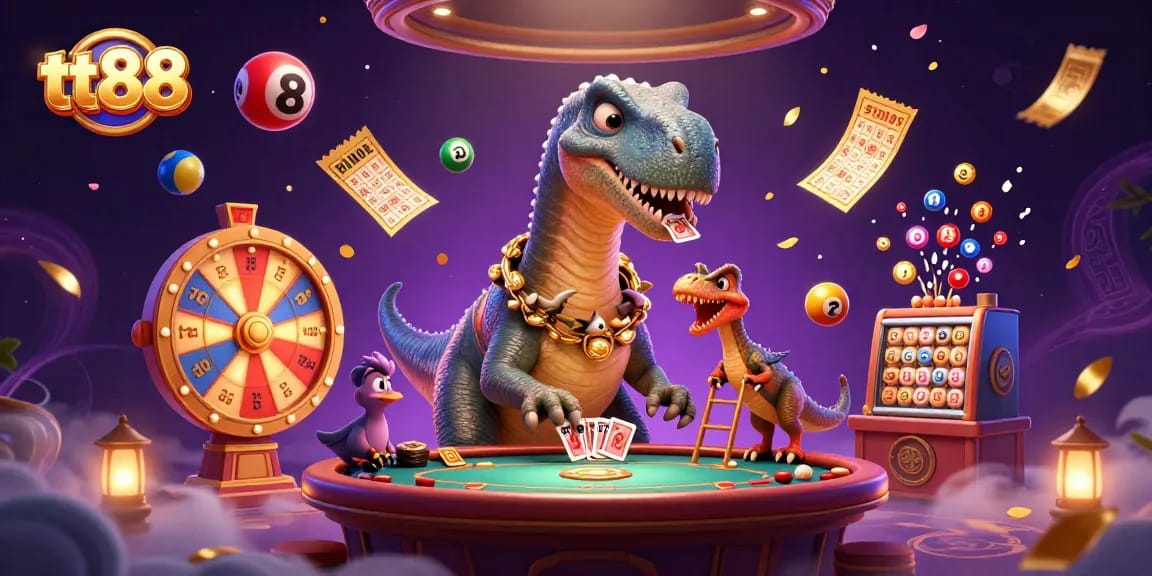tt88 engages players with vibrant lottery balls and a fun 3D dinosaur dealer at a casino