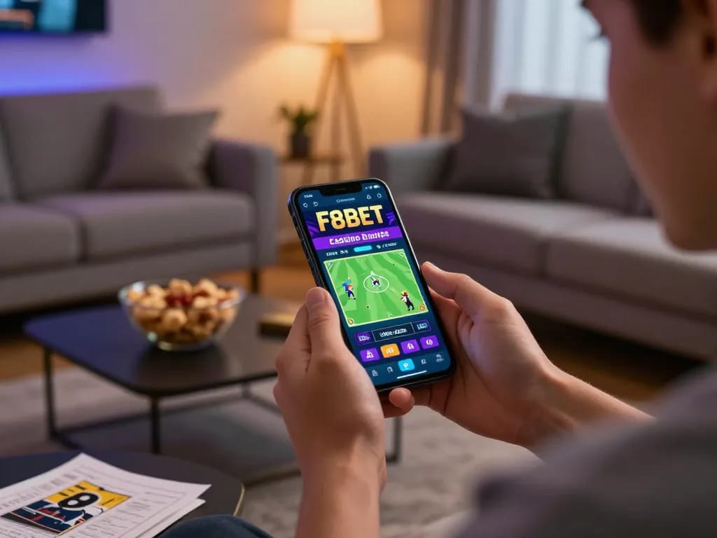 Engaging gameplay on the F8bet casino app in a cozy home setting, capturing excitement and strategy.