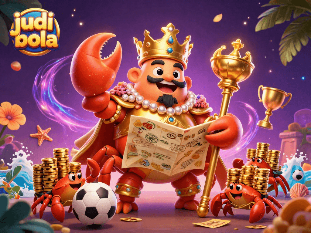 Experience judi bola action with a golden crab emperor amidst sports betting excitement in this vibrant scene.