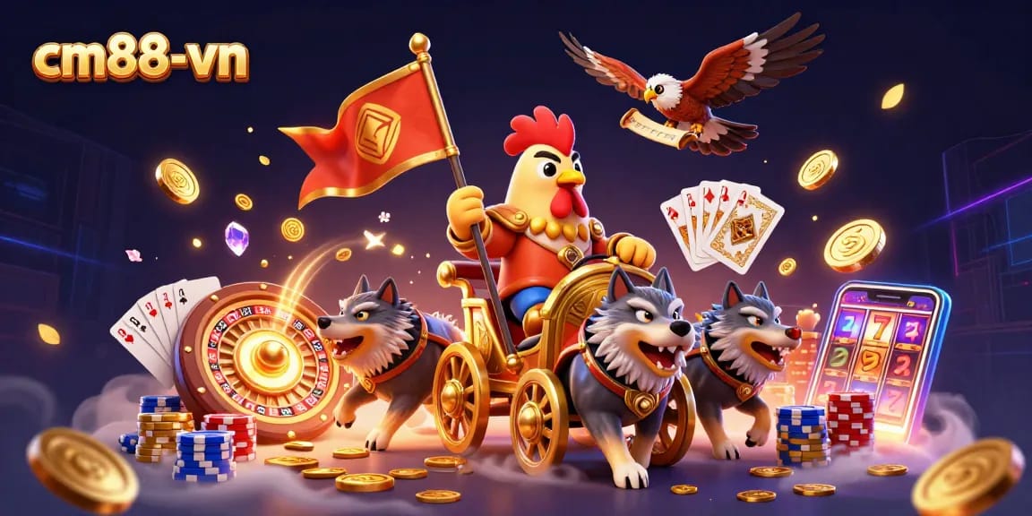 Experience the excitement of cm88-vn with a vibrant casino scene depicting a rooster warlord and dynamic game elements.