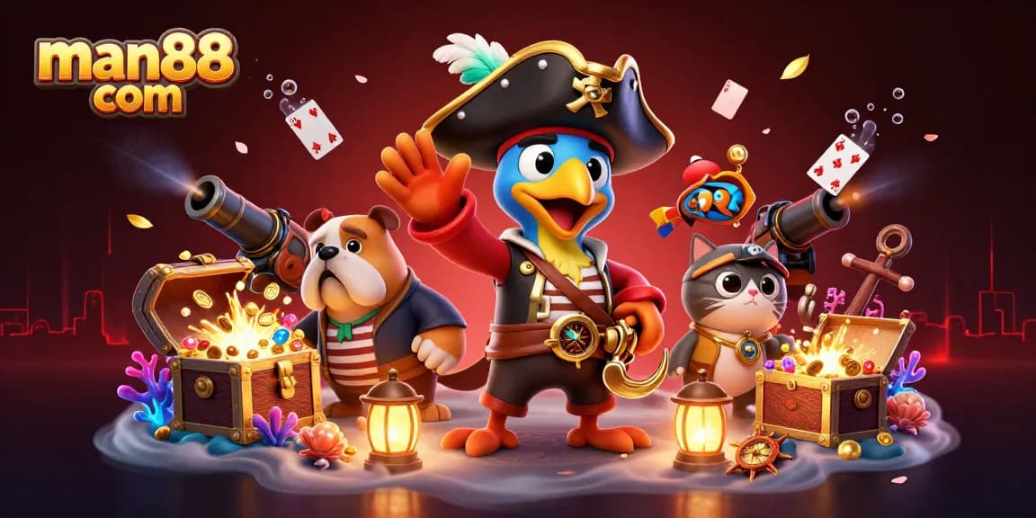 Experience thrilling wins at man88 com with a vibrant 3D pirate-themed casino illustration.