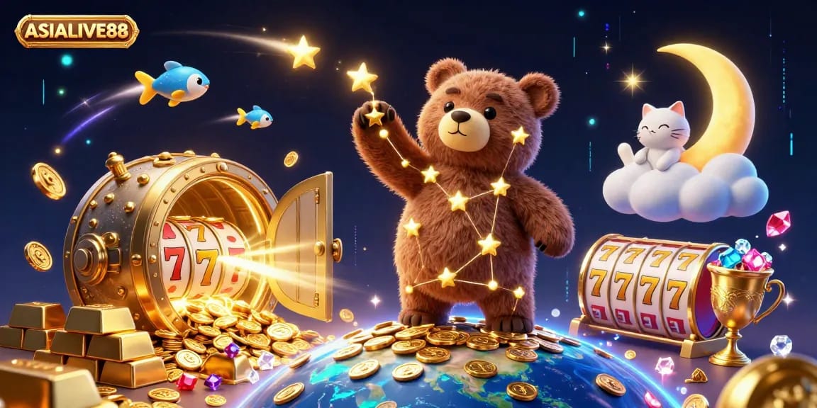 Win big with ASIALIVE88's vibrant casino scene featuring animated game elements and characters.