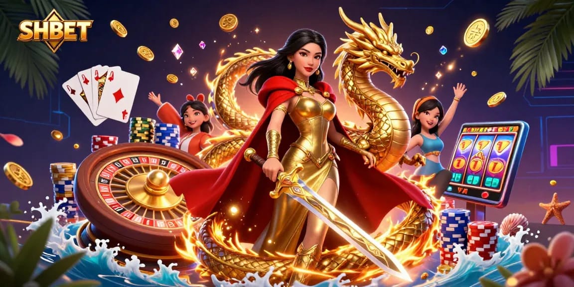 SHBET offers an exciting casino experience with a vibrant 3D illustration depicting gameplay dynamics.