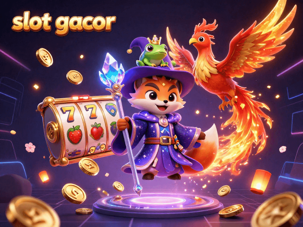 Experience thrilling gameplay with slot gacor; a magical scene featuring a wizard fox, phoenix, and rich gaming elements.