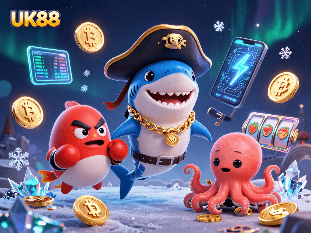 Engage with exciting games at UK88 featuring colorful slot reels and dynamic underwater characters.