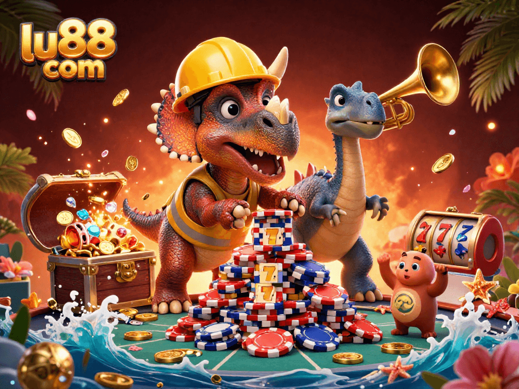 Win big at lu88 com with vibrant 3D casino visuals featuring playful dinosaurs and exciting gaming elements.