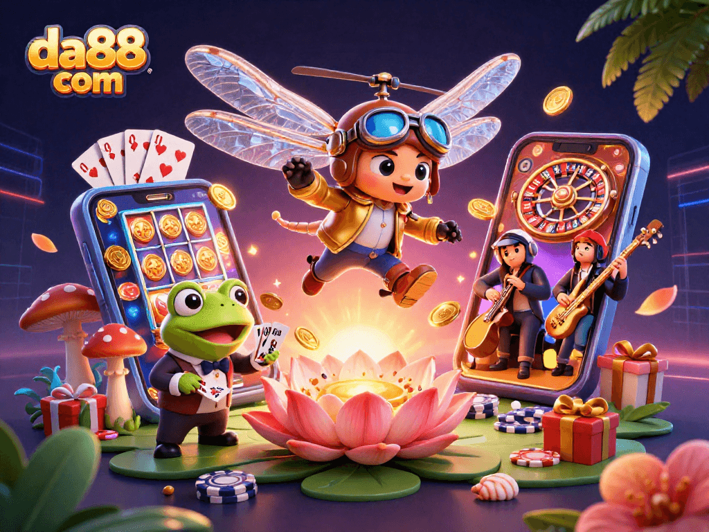 Experience thrilling gaming adventures at da88 com with a vibrant 3D casino scene featuring dynamic characters.