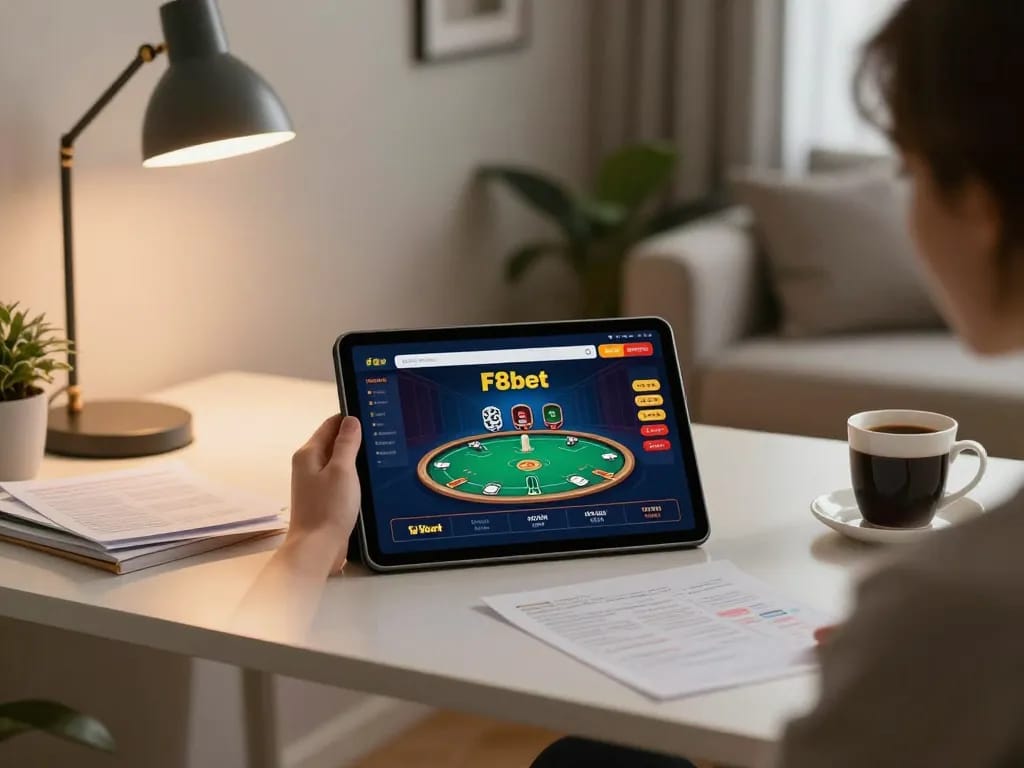 Engaging with F8bet's online poker game on a tablet in a cozy home office.